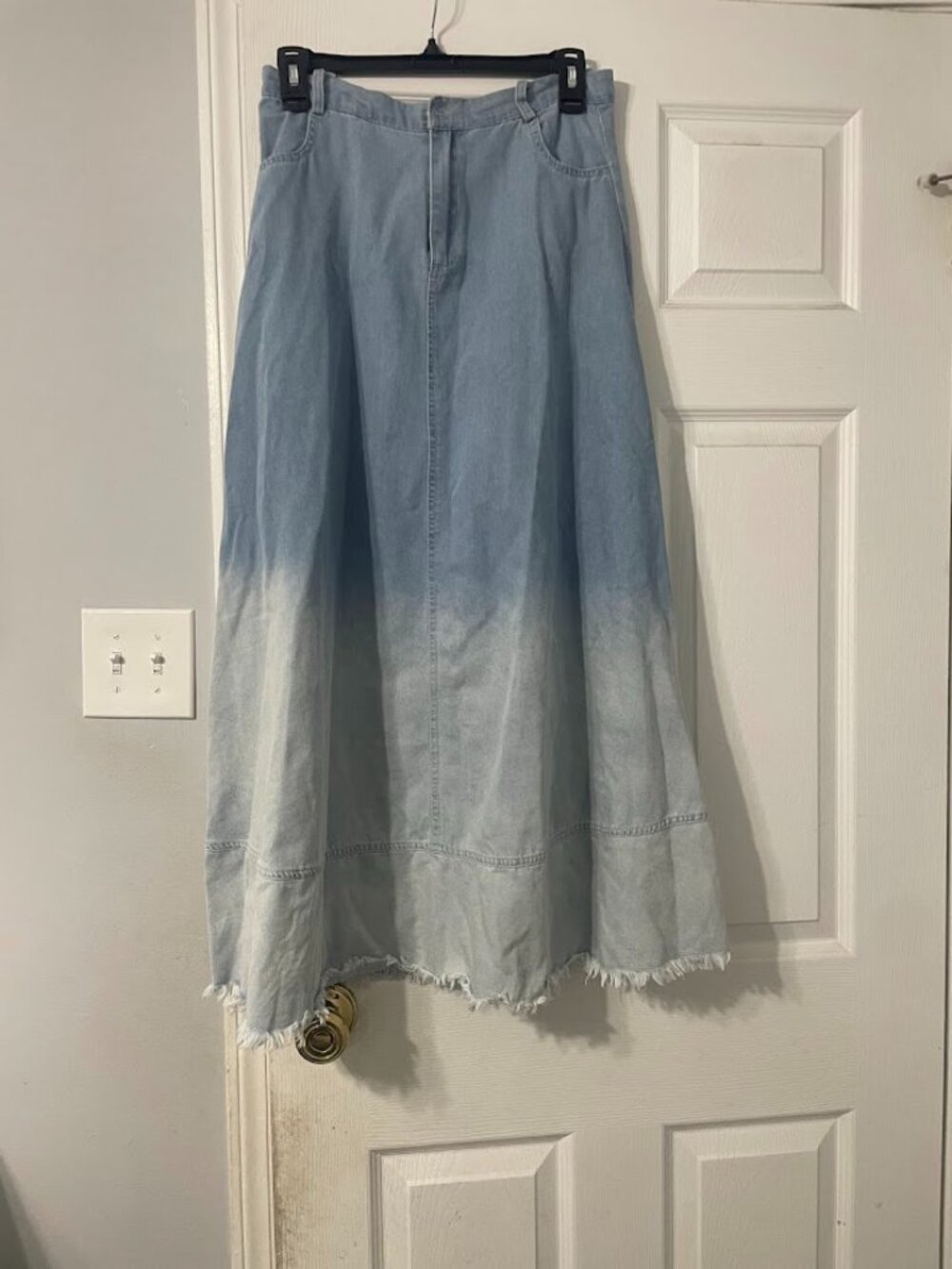 Light Wash Denim ombre  Midi Skirt A-Line Frayed Hem